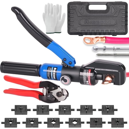 Hydraulic Crimping Tool with 9 standard crimping dies for 12 AWG to 2/0 AWG and 2 Stainless Steel Wire Rope Dies for 1/8" and 5/32", Hydraulic Hand Crimper Tool