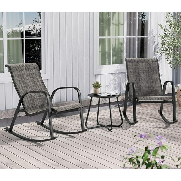 Rocking Chair Sets, 3 PCS Patio Furniture Set, Mesh Rocker Chairs with Side Table for Front Porch, Garden, Patio, Backyard, Gray