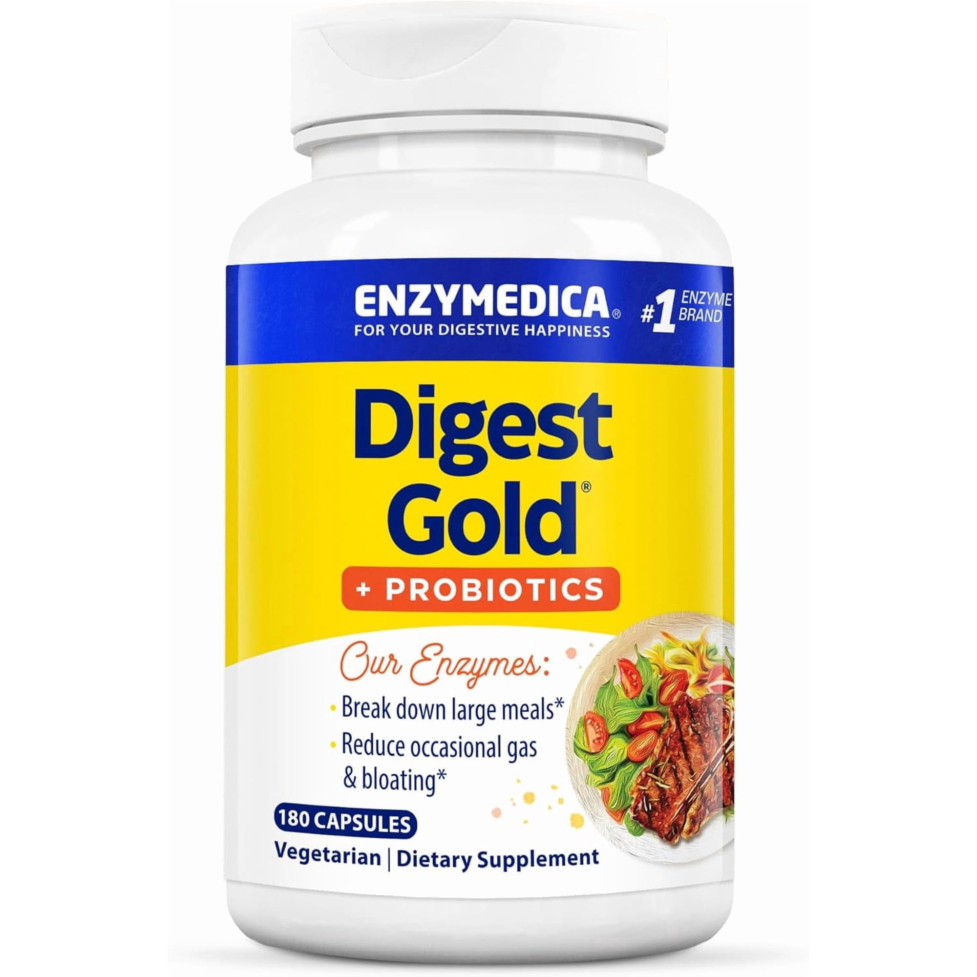 Enzymedica Digest Gold + Probiotics, 2-in-1 Digestive Enzymes & Probiotic Support, Promotes Gut Health with 1 Billion Active Cultures, 180 Capsules