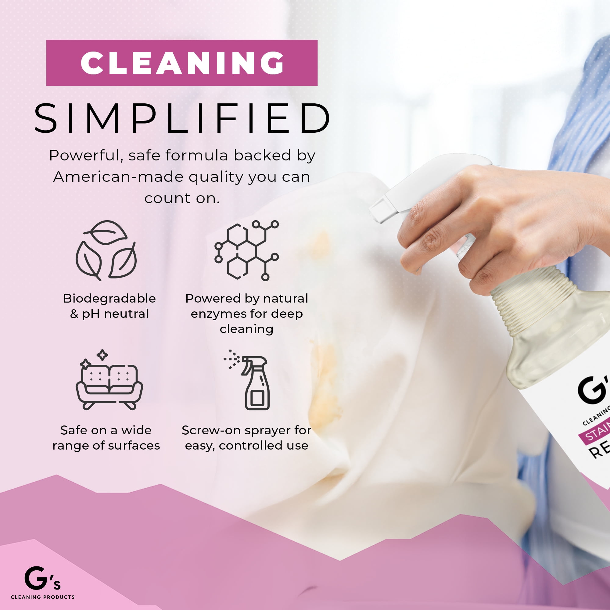 G's Cleaning Biodegradable Stain & Odor Remover Spray – 32 oz Pet Urine Enzyme Cleaner – Pet Odor Eliminator for Home – Cat & Dog Pee Carpet Cleaner – Stain Remover for Rug, Floor, Furniture