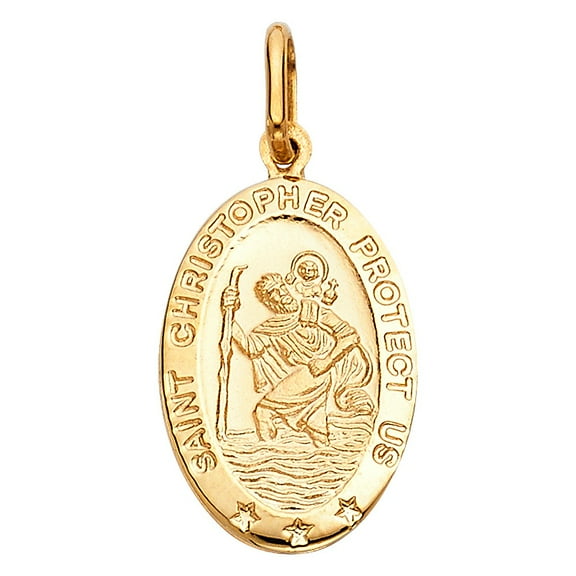 Precious Stars 14K Yellow Gold Unisex Saint Christopher Oval Medal Pendant - No Chain, Pendant Only