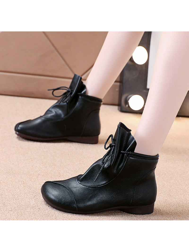 Ladies Casual Comfort Boots Shoes Fashion Autumn Women Ankle Boots Low Heel Flat Soft Round Toe Lace Up Solid Color Comfortable Casual Style Walmart.com