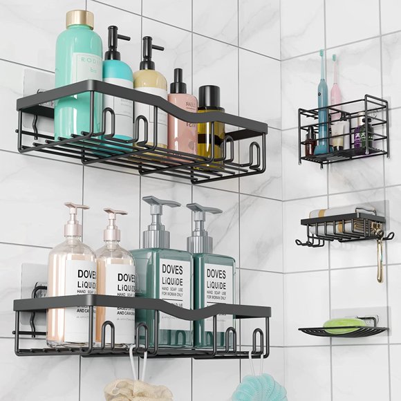 Upalled 5 Pack Shower Caddy, Strong Adhesive Shower Organizer Shelf with Hooks.Shower Shelves for Kitchen, Dorm and Bathroom Organizer. No Drilling (Black)