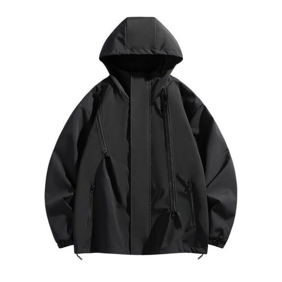 JTieacloth Lined Hooded Jacket Male Pockets Solid Color Outdoor Windproof Windbreaker Jacket Sports Coat Black