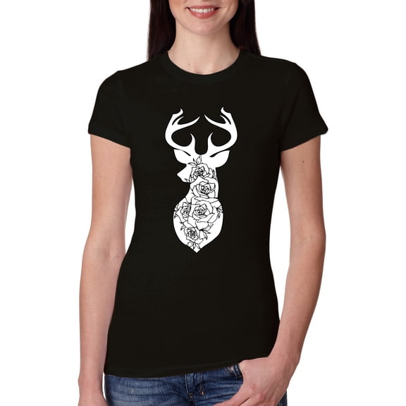 Deer Rose Animal Lover Womens Slim Fit Junior Tee, Black, Small
