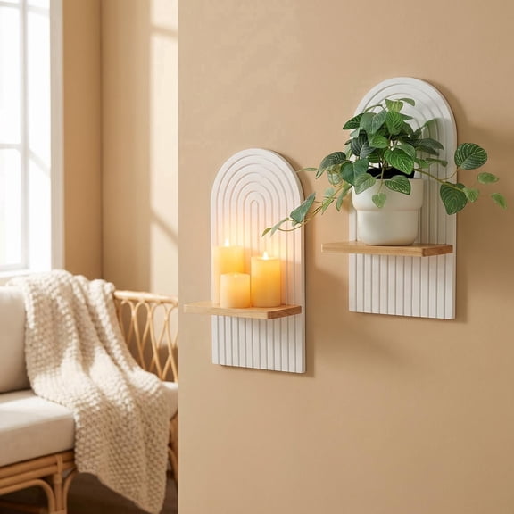 Boho Wooden Wall Candle Sconces Set of 2, White Rainbow Arch Candle Holders, Farmhouse Home Decor for Bedroom Bathroom