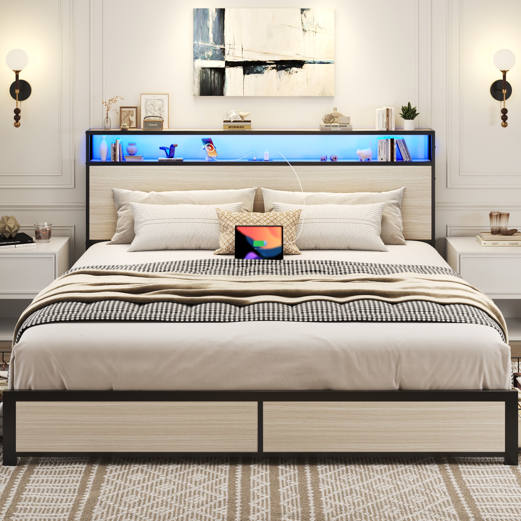 Lifezone King Size Bed Frame with 2-Tier Bookcase Headboard Platform Bed with Charging Station & LED, 4 Storage Drawers, Metal Support, No Box Spring Needed, Noise Free, Beige