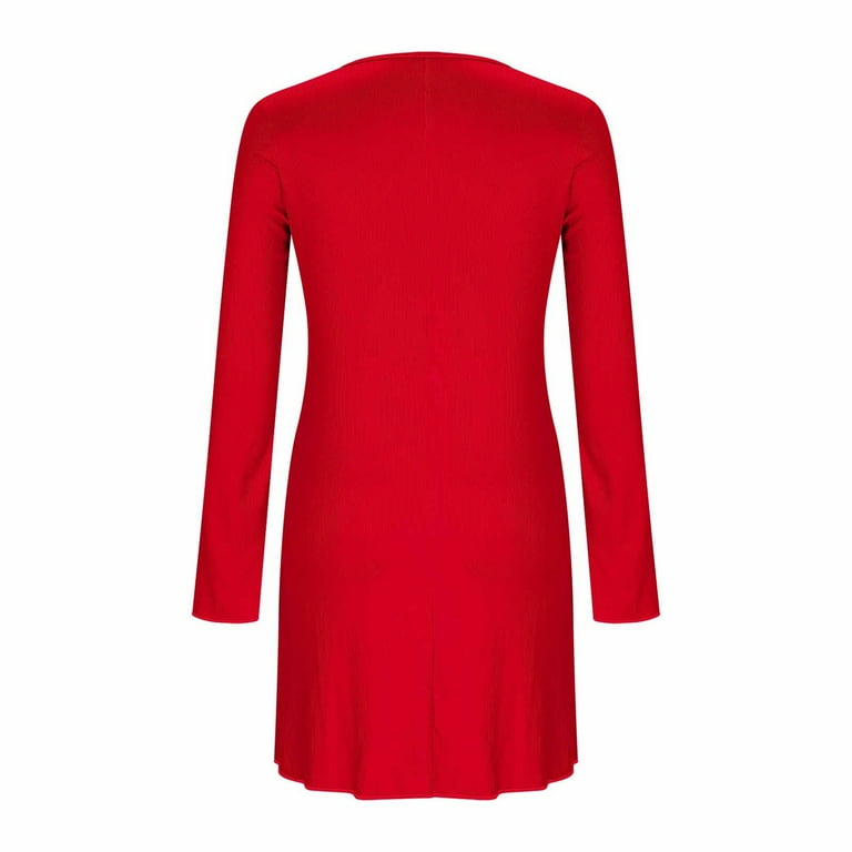 Vekdone Women Cocktail Bodycon Mini Dress Trendy Bell Long Sleeve Ruffle Hem Short Dresses Solid Color Slim Fit Club Party Dresses Red S, Women's,