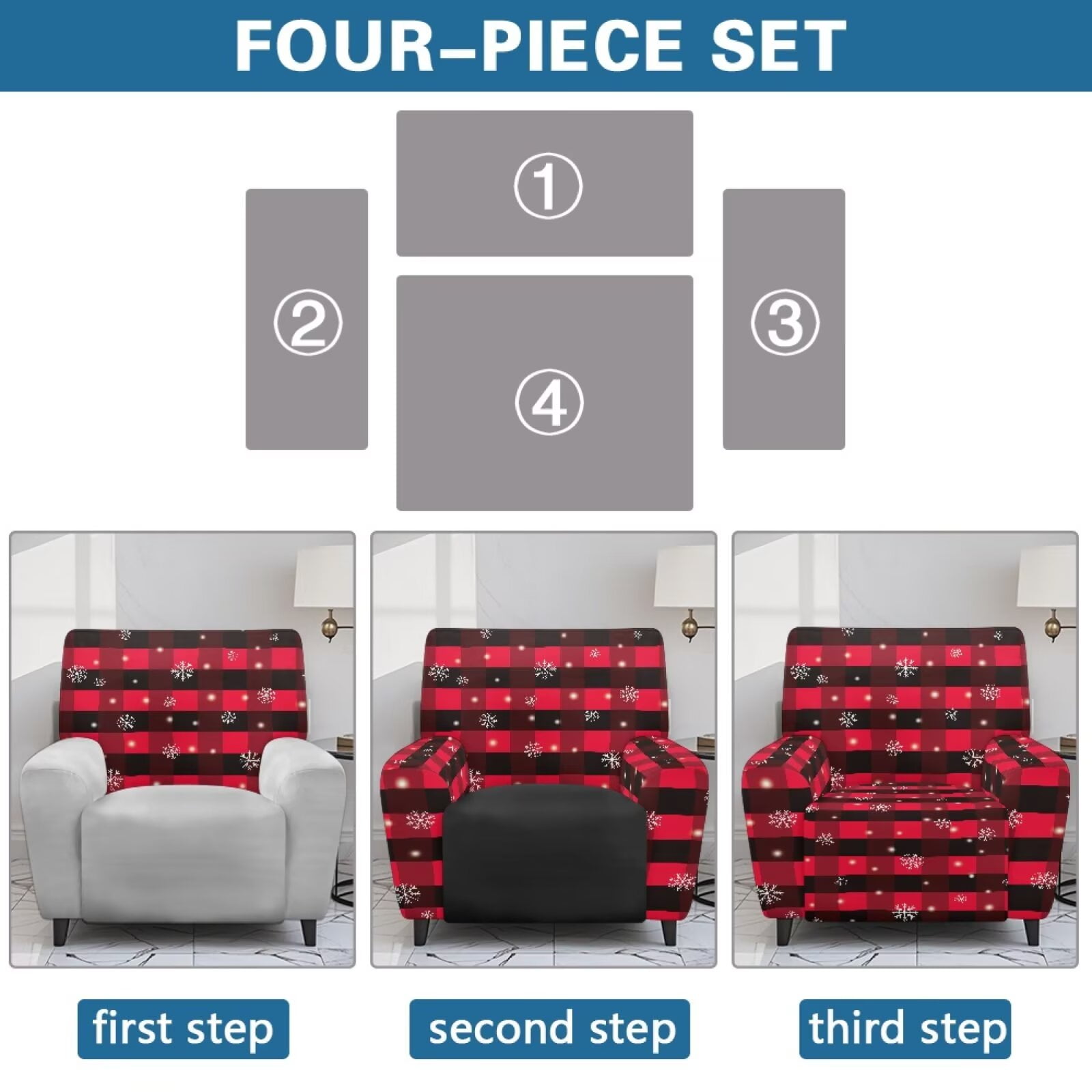 Yuyamidu Christmas Print Reclining Chair Covers 4 Pieces Comfortable Recliner Sofa Slipcovers with Pocket Replacement Lazyboy Cover for Recliner Chair Gift for Housewarming