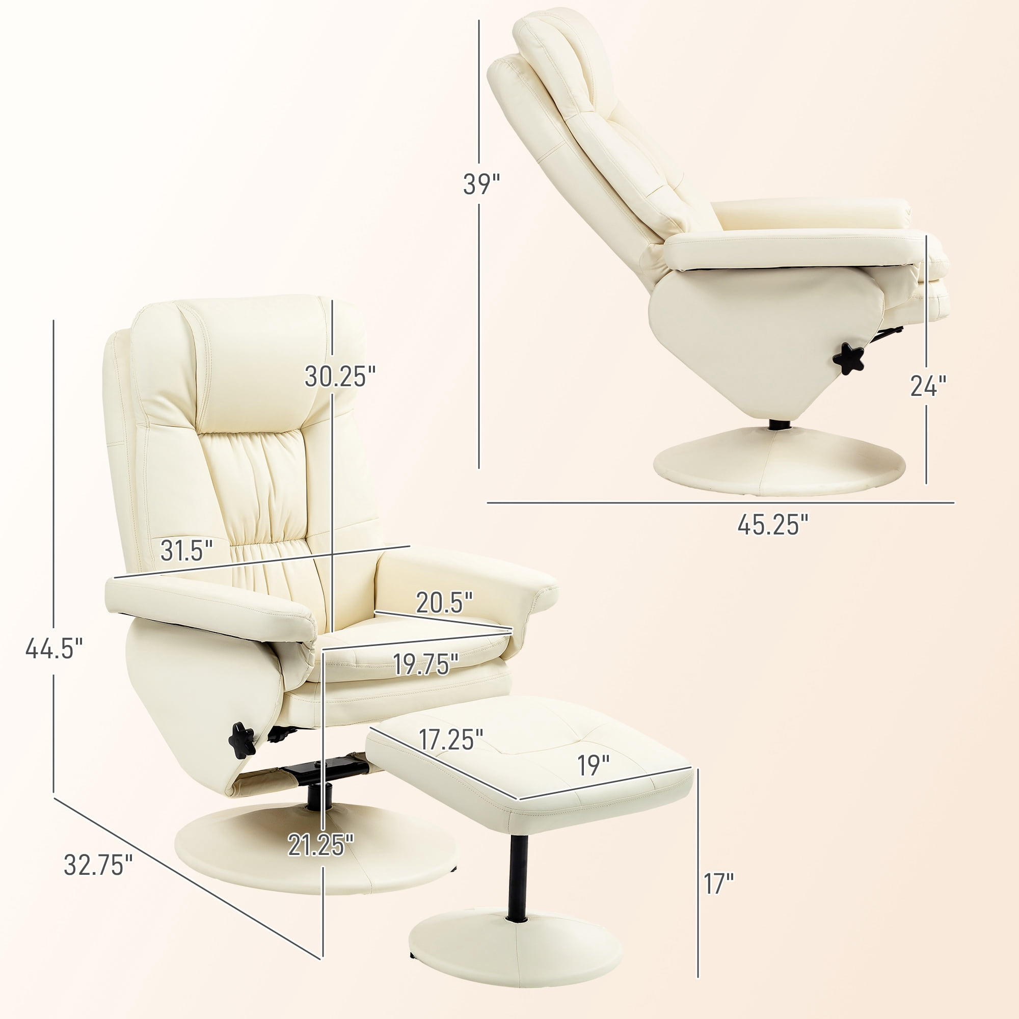 Cream White PU Leather Recliner Chair with Ottoman, 135° Recline, 360° Swivel, High Back, Steel Frame