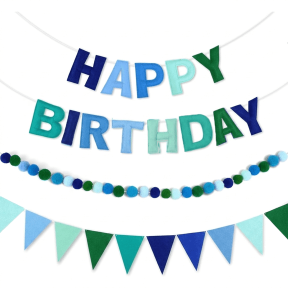 3-Pack Blue Felt Birthday Decor Set - Pre-Strung 3D Happy Birthday Banner, Pom Pom Garland & Triangle Bunting for Boys & Men’s Party