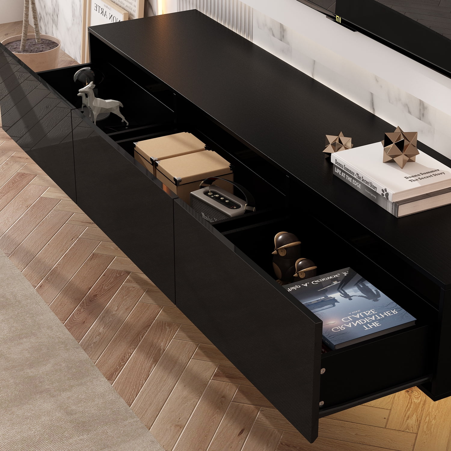 OXYLIFE Floating LED TV Stand Wall Mounted Entertainment Center with Drawers and LED Light, Black