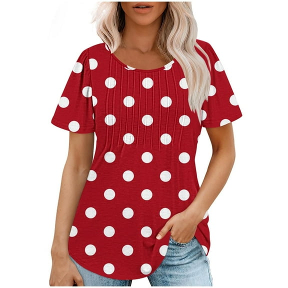 Scyoekwg Graphic Tees For Women Trendy Round Neck Pleated Tunic Shirts Short Sleeve T Shirts Loose Summer Polka Dots Printed Comfy Casual Lightweight Blouses (Red,XXL)