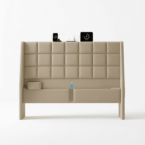 Ergonomic Queen Size Headboard with Charging Station, Beige Upholstered Bed Headboard