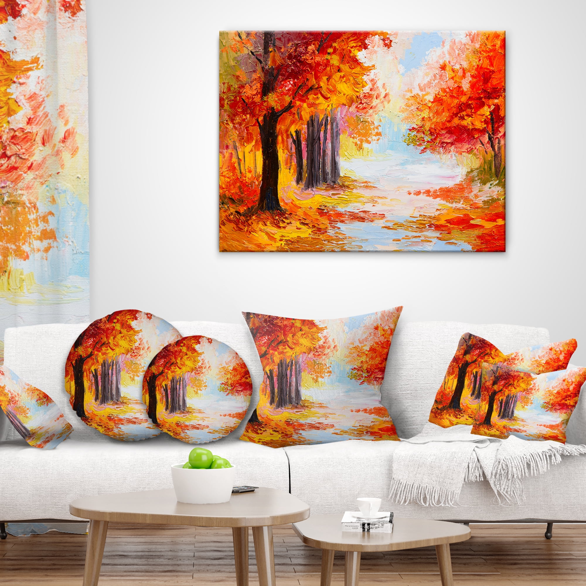 Designart Orange Forest in Autumn - Landscape Printed Throw Pillow - 18x18