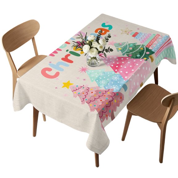 Waterproof Tablecloth Cartoon Pink Christmas Trees Rectangle Table Cloth 52x70in,Wipeable Washable Table Cover Retro Linen Background Tablecloths for Dining Tables Kitchen Picnic Outdoor Party