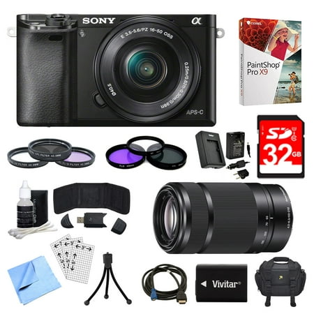 Sony Alpha a6000 Black Camera with 16-50mm, 55-210mm Lenses and Accessories Bundle - Includes Camera, 2 Lenses, 2 Filter Kits, Memory Card, Software, Carrying Case, Battery, and