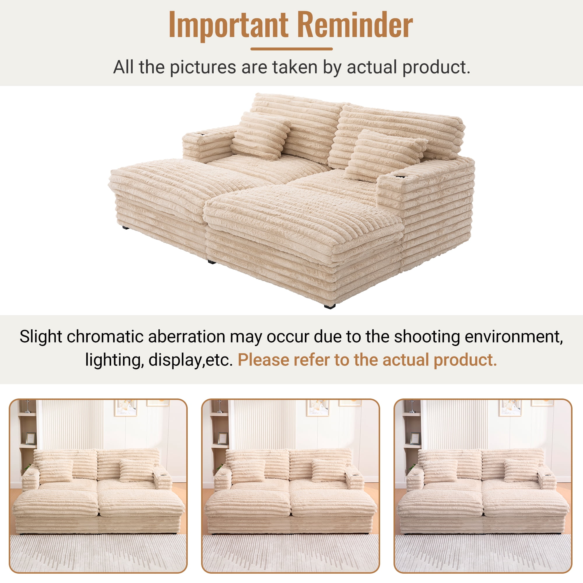 Euroco Oversized Double Chaise Lounge Sofa 83.5" Sofa Bed Cloud Couch Plush Upholstered Sleeper Sofa Daybed with Two Supportive Pillows, USB Ports and Cup Holders for Living Room, Champagne