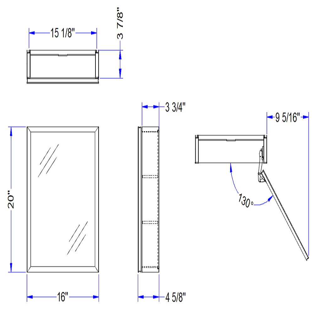 Taimei, Bathroom Mirror Cabinet, Stainless Steel, Aluminum, Glass, Mirrored, Polystyrene, 16" W x20" H x 4.5/8 D, Satin