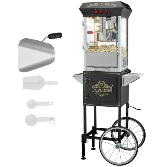 KFFKFF Popcorn Maker Machine with Trolley, 850W 8 oz Commercial Popcorn Machine, with Measuring Cup, Hardened Glass, 4 Ladles, Cinema Inspired Design, Black
