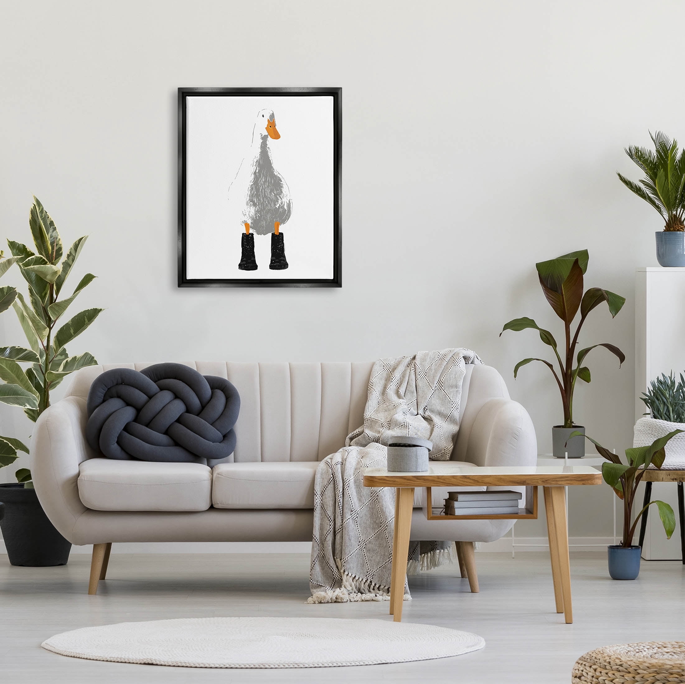 Stupell Industries White Duck Wearing Rain Boots Portrait Graphic Art Jet Black Floating Framed Canvas Print Wall Art, Design by Kamdon Kreations