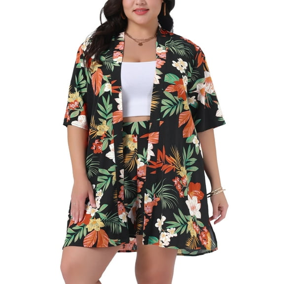 Agnes Orinda  Women's Plus Size Mother's Day 2 Piece Floral Cardigan Tropical Print Summer Casual Kimono Tops and Shorts Outfit Sets 1X Black