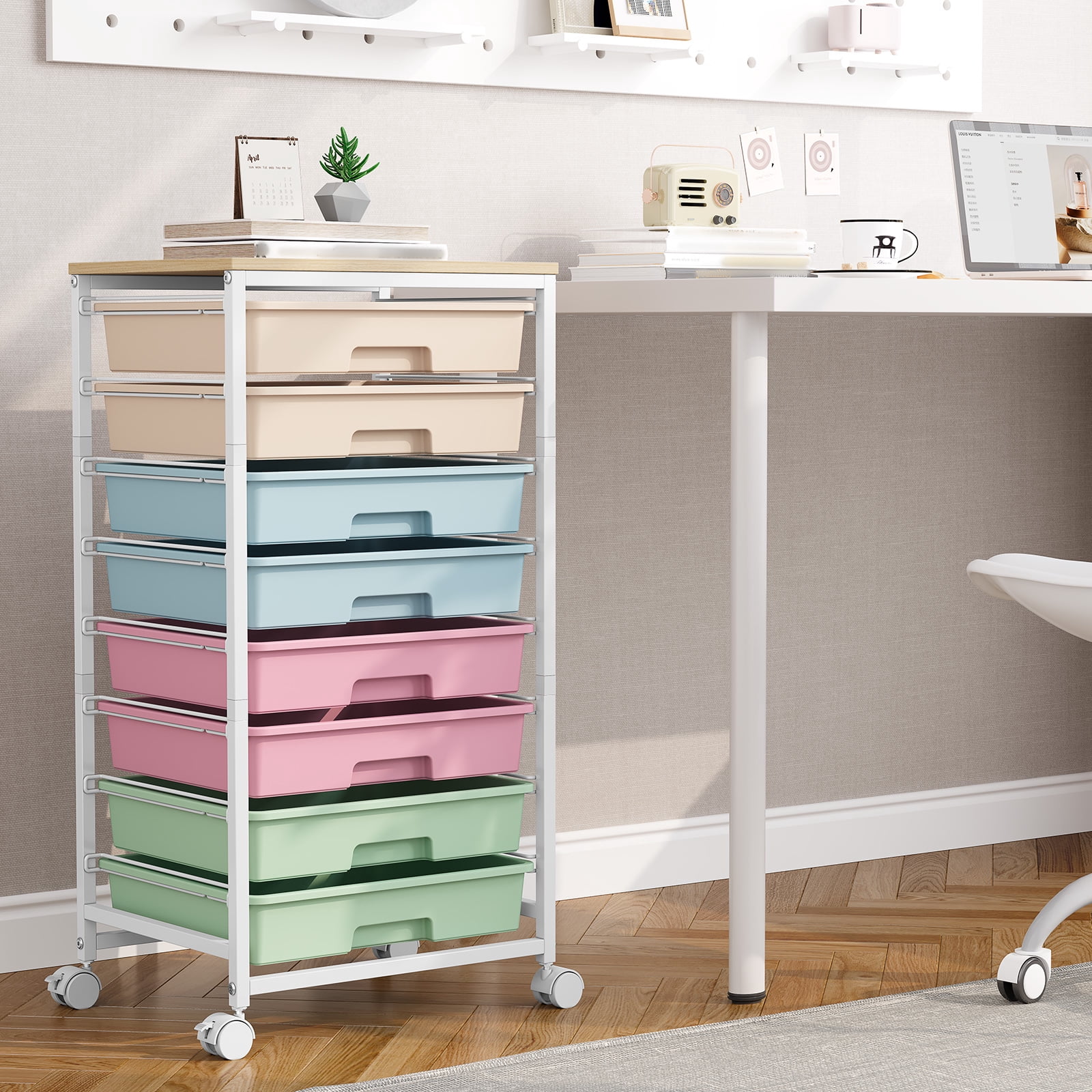KK KINGRACK Storage Rolling Drawer Cart, Drawer Organizer with 8 Drawers and Wooden Tabletop, Metal & Plastic, Multicolor