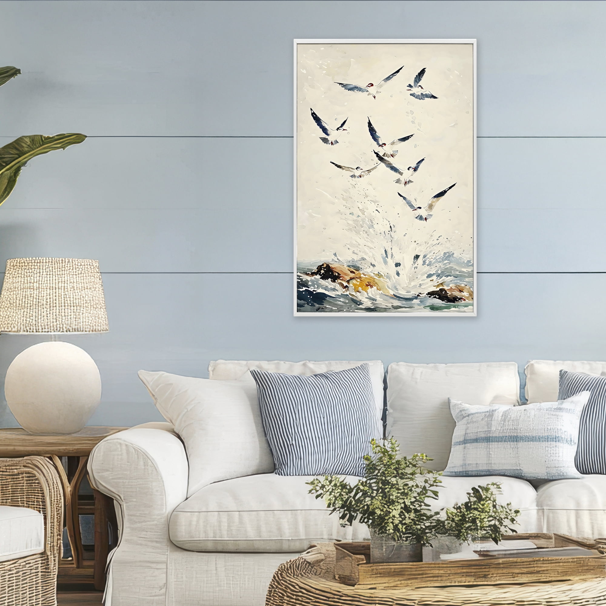 Stupell Industries Waves of Seagulls over Rocks White Framed Giclee Art, design by Creative Studio