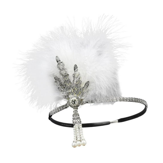 Ladies 1920s Headband 20s Feather Beaded Hair Band Headband Headdress Costume Cocktail Accessories - White, 14cm