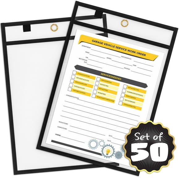 Scribbledo Job Ticket Holders 9x12 (50 Pack) Work Order Plastic Sleeves Clear Folders for Documents Paper Sleeve Hanging Clear Folder Sleeves Black Dry Erase Plastic Sleeves for D