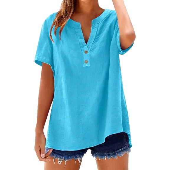 LEKWK Linen Tops for Women Henley Button Split V Neck Casual Tops Short Sleeve Tops Loose Fit Solid Summer Beach Outfits