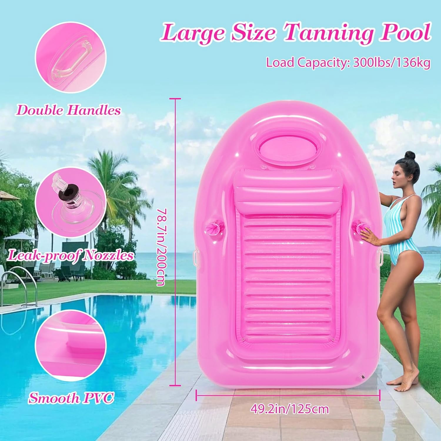 Pool Floats Adult, Large Floating Bed with Ice Bar, Tanning Bed Pool Raft Inflatable Lounger with Drink Holder Tanning Chair Inflatable Pool Toys for Party Beach Backyard
