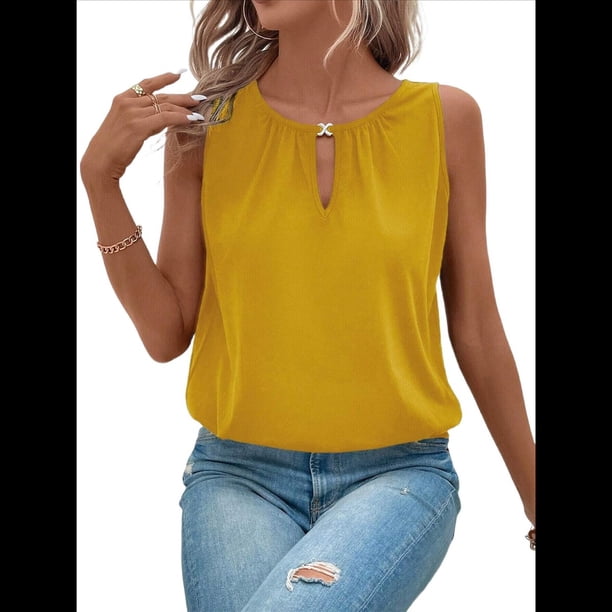 Chaleco de Moda con Cuello Redondo y Botones, Color Liso, Amarillo, Talla M