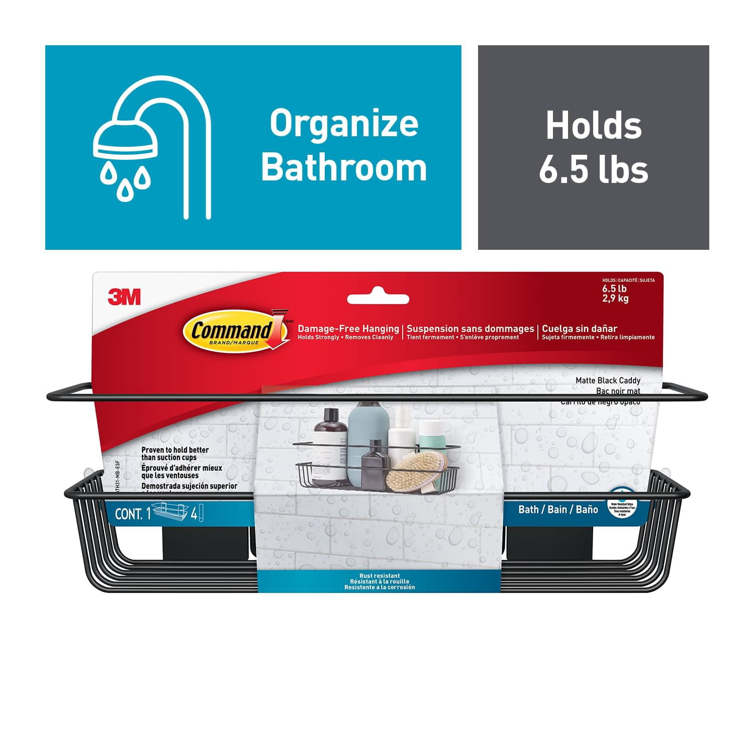 Command Bath Shower Caddy Matte Black, 1 Caddy and Command Bath Soap Dish, Matte Black