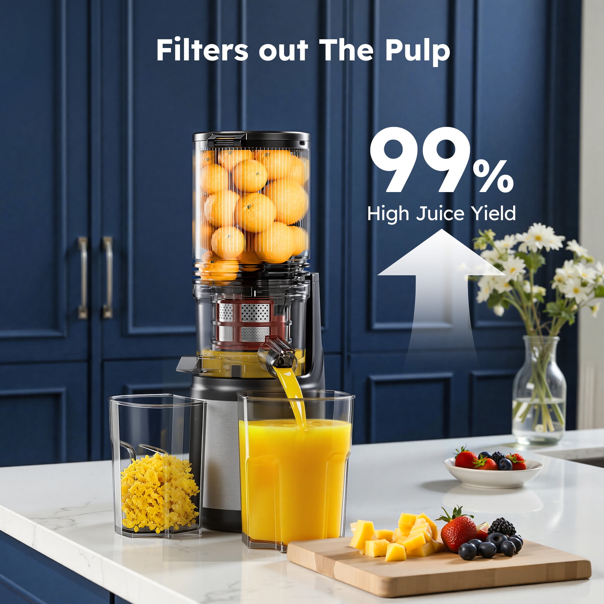 SIMZLIFE Cold Press Juicer, 5.1" Whole Feed Chute Masticating Juicer Machine, 150W 55 RPM Slow Juice Extractor with 99% High Yield & Double-Layer Filter, Easy to Clean, BPA-Free