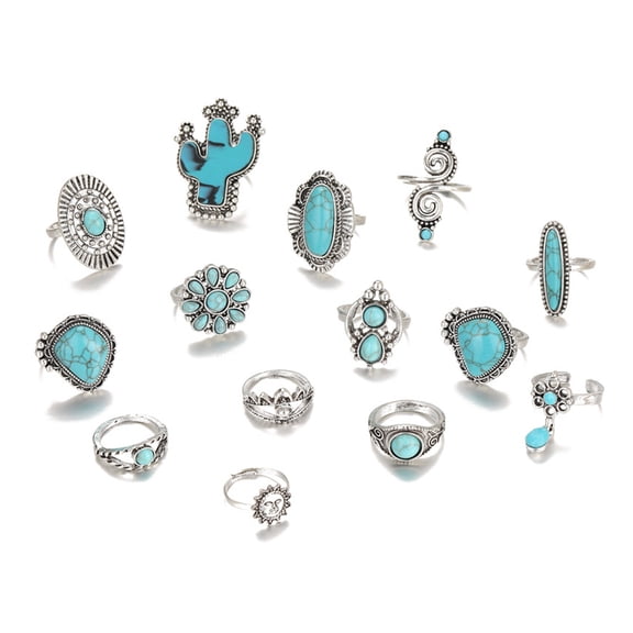 HUANLEDASH 14Pcs/Set Vintage Bohemian Open End Adjustable Ring Set Cactus Sun Shape Faux Turquoise Knuckle Rings Fashion Jewelry Gift