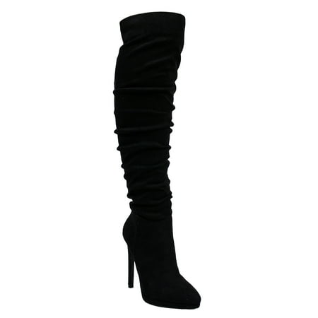 Ll Gisele-7 Thigh High Stretchy Suede Material Pointy Toe Stiletto Heel Boots Black