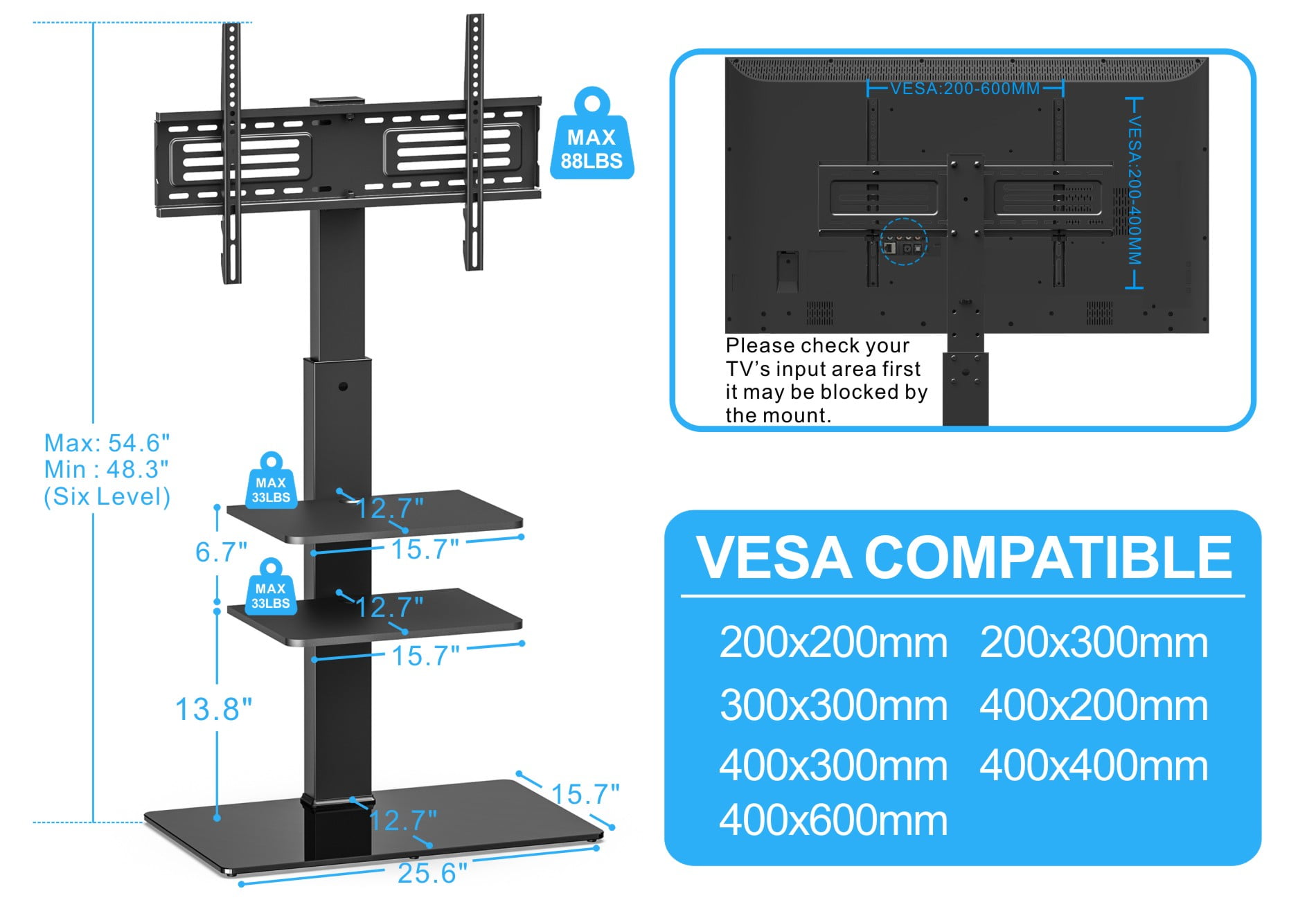FITUEYES TV Stand with Swivel Mount Glass Base for up to 65 inch with two shelves Samsung Vizio TCL LED LCD flat screen TVs,TT307001MB-1