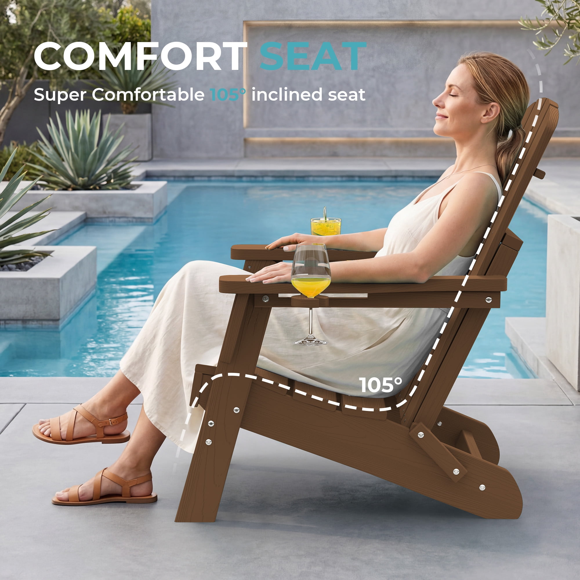Adirondack Chair Set of 2, Outdoor Folding All-Weather HDPE Adirondack Chairs with 2 Cup Holders for Patio, Brown