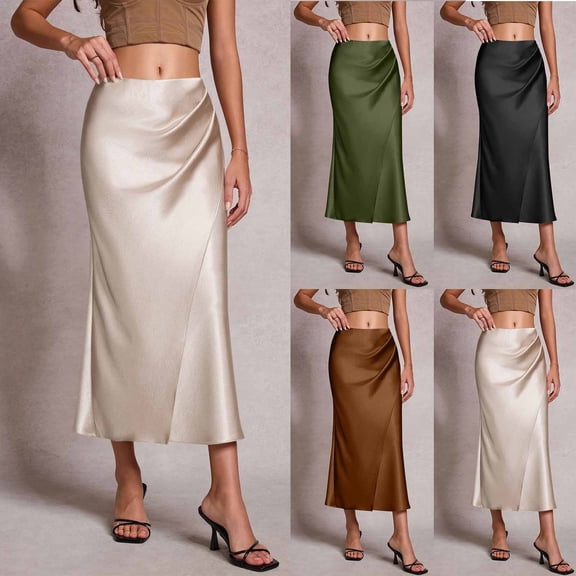 Women's Silk Satin Maxi Skirt Elegant Wrap High Waisted Ruched Fishtail Dressy Casual Skirts Brown