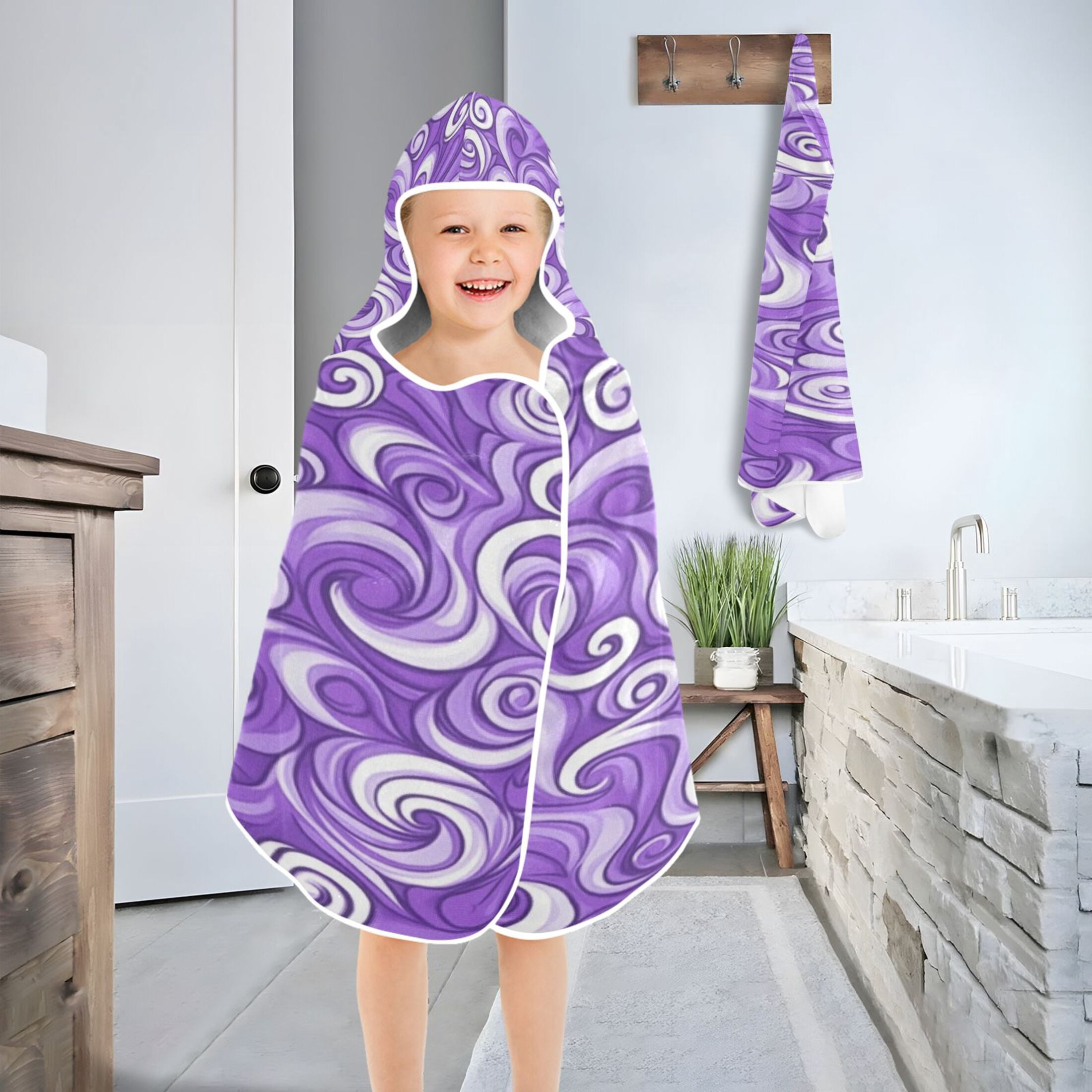 Swirling Purple Waves 50x23.5" Baby Hooded Bath Towel Poncho, Quick-Dry and Triangle Pocket, Kids' Essential