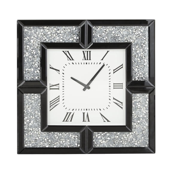 DecMode 20" Black Glass Mirrored Wall Clock with Floating Crystals