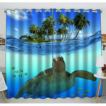 Sea Turtle Two Piece - GCKG Underwater Sea Turtle Blackout Curtains Window treatment Panel Drapes 52(W) x 84(H) inches (Two Piece)