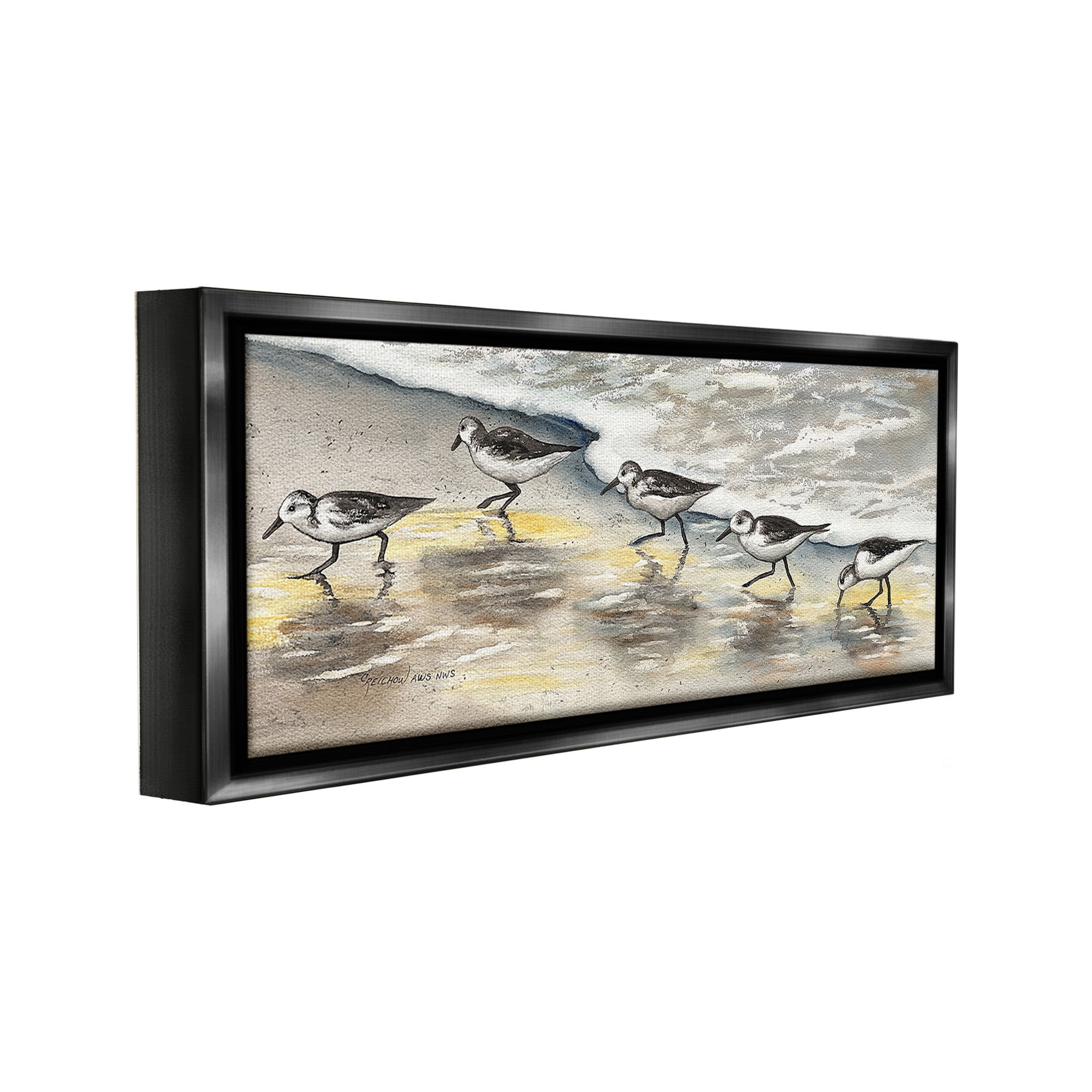 Stupell Industries Sunlit Birds & Beach Foam Animals & Insects Painting Black Floater Framed Canvas Art Print Wall Art, 31 x 14