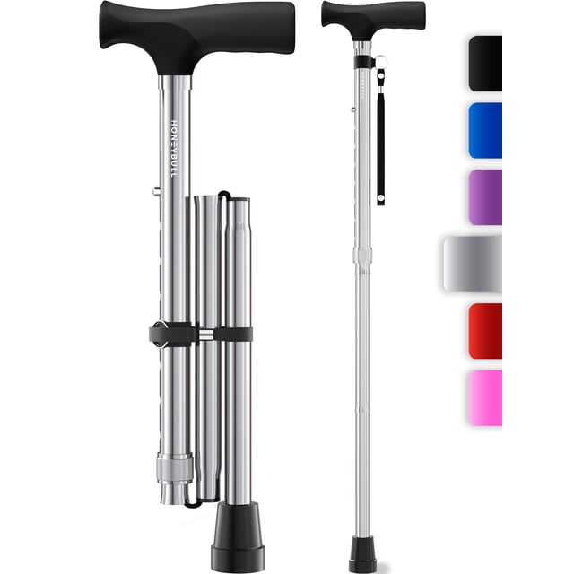 Bastón HoneyBull | Bastones de una sola punta para hombres y mujeres, plegables, ajustables, resistentes hasta 113 kg, bastones para personas mayores (plateados)