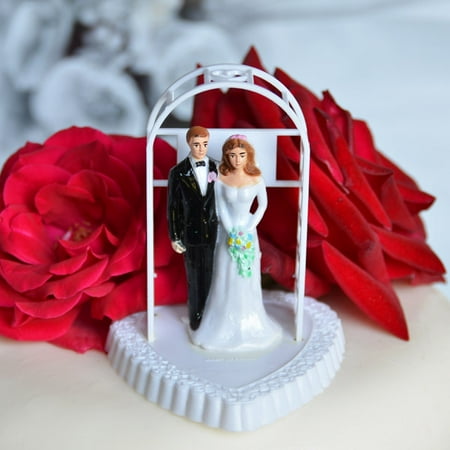 Vintage Bride And Groom Under Arch On Heart Cake Topper White Off