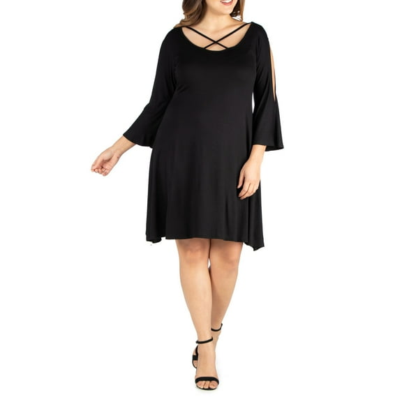 24/7 Comfort Apparel Women's Plus Size Criss Cross Neckline Cold Shoulder Dress