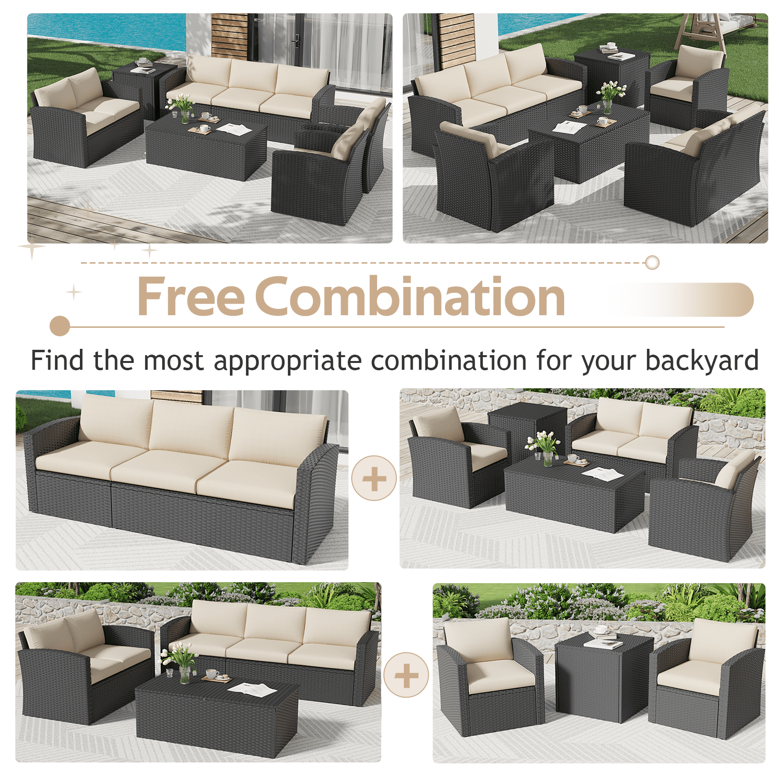 AECOJOY 7 Pieces Outdoor Furniture Set with Two Storage Boxes, Rattan Wicker Sectional Sofa Couch Patio Conversation Set, Black & Biege