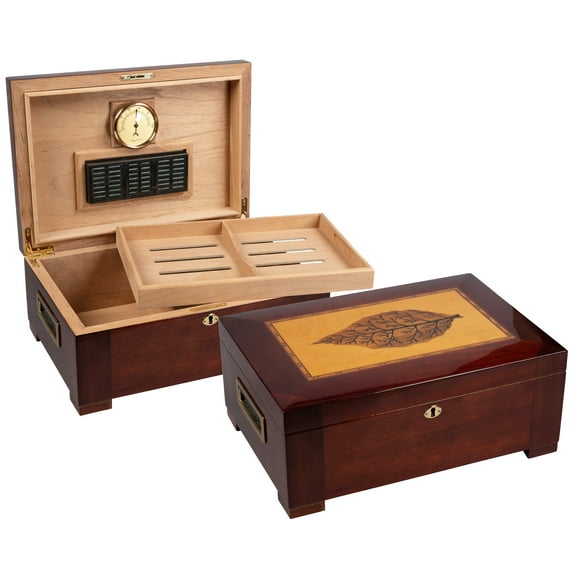 Stetson Dome Shaped Top Cigar Humidor - High Gloss Dark Burl Wood Finish w/Tobacco Leaf Inlay - Capacity: 150