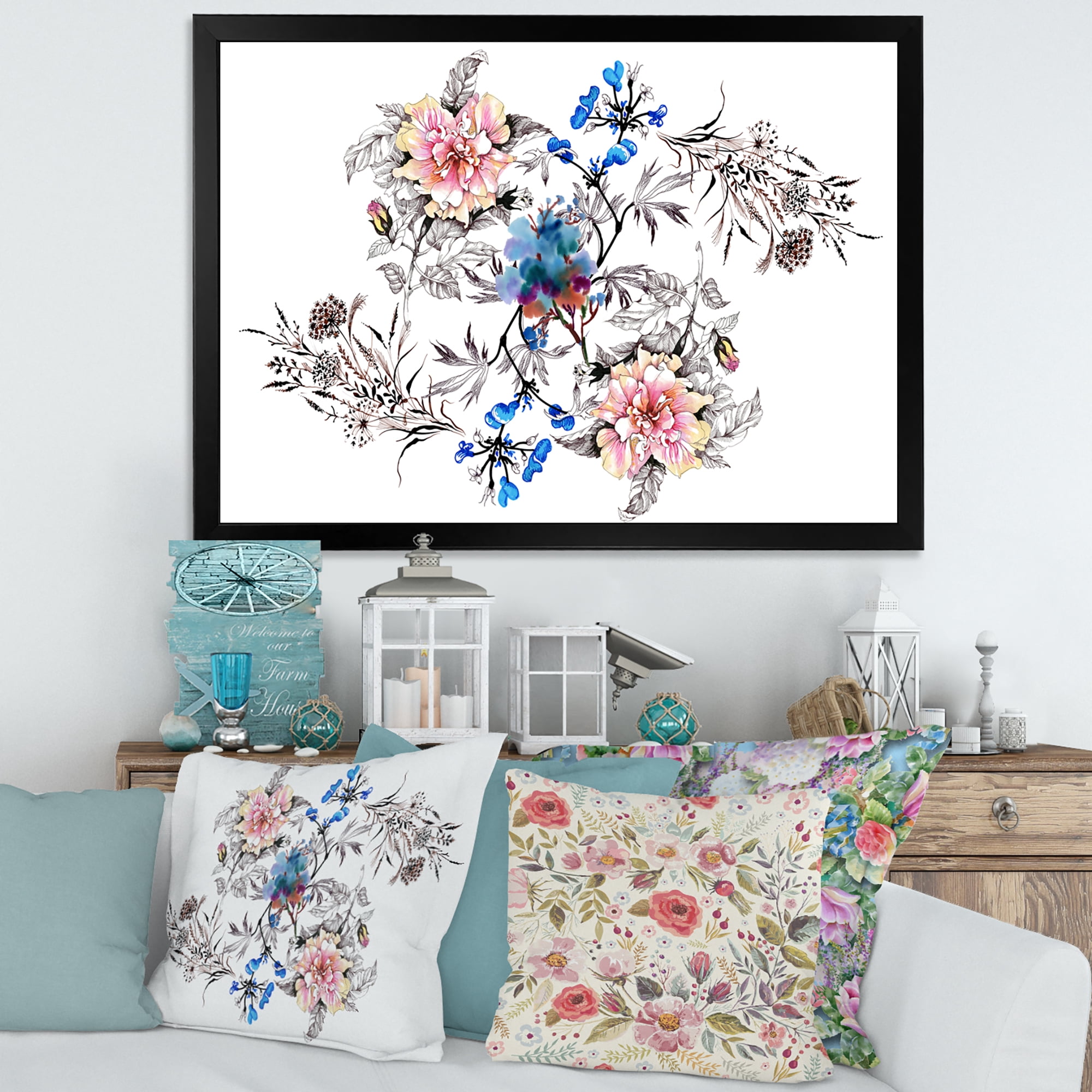 Designart 'Pink and Blue Wildflowers' Traditional Framed Art Print